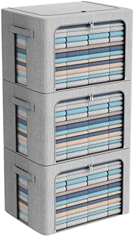 CYhom 3Pack Foldable Storage Bins - Frame Storage Box Linen Fabric Stackable Clothes Container Organizer with Clear Wind