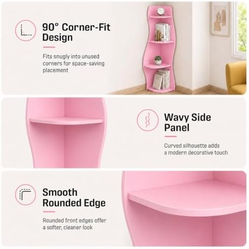 HRVEOCEI 5-Tier Wavy Corner Shelf with Curvy Shape for Small Space, Pink