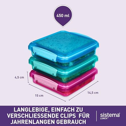 Sistema 3-Piece Sandwhich Containers for Lunch Boxes and Meal Prep, Dishwasher Safe, 1.9-Cup, Blue/Green/Pink