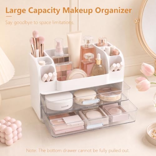 Makeup Organizer for Vanity with Brush Holder, Countertop Bathroom Cosmetic Organizer Skin Care Storage, Large Easy to S
