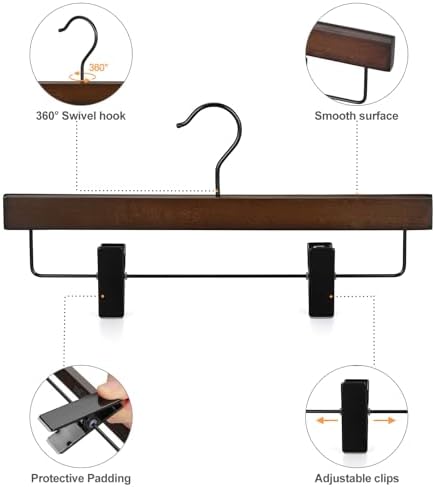 TOPIA HANGER Pants Hangers, Wooden Skirt Trouser Hangers with 2 Adjustable Metal Big Clips, Premium Retro Finish and 360°Swivel Black Hook, Jean Slacks Hangers for Closet, 20 Pack, CT03A20