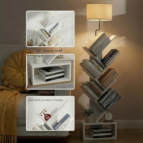 XBurmo 6 Tier Tree Bookshelf with Lights - Small Bookcase, Compact Book Tower with Drawer, Corner Bookshelf for Bedroom,