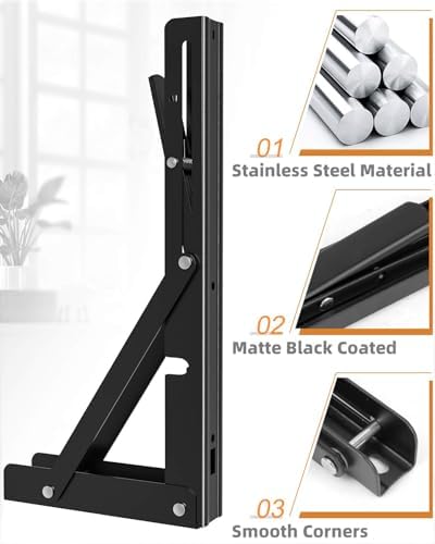 10-Inch Foldable Brackets for DIY Folding Shelves or Tables, L Shelf Brackets Collapsible, Heavy Duty Stainless Steel, M