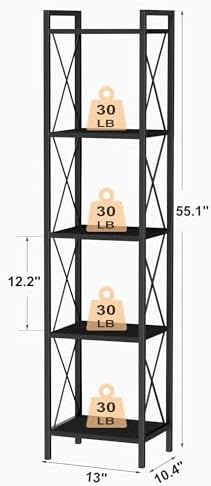 Homhedy 5 Tier Small Bookshelf, Tall Narrow Bookcase, Metal Book Shelf
