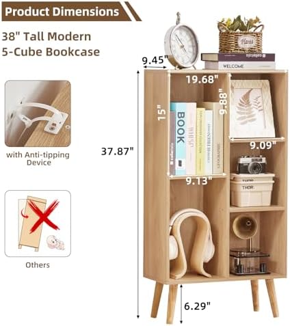 LEYAOYAO 5 Cube Bookshelf,Mid-Century Modern Bookcase with Legs,Light Wood