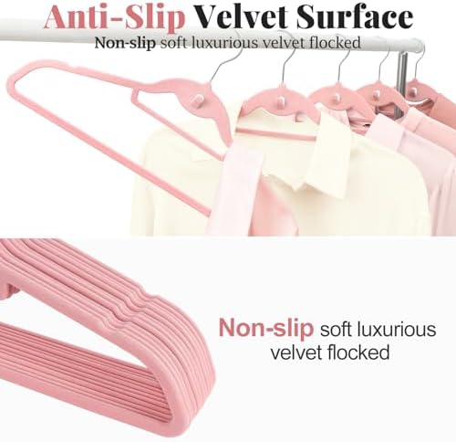 Velvet Felt Stackable Hangers 50 Pack, Thin & Space Saving, Pink
