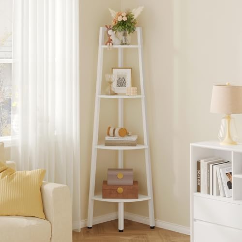 Hoctieon Corner Shelf, 4-Tier Corner Bookshelf, Rustic Corner Ladder Shelf, Industrial Display Shelf for Living Room, Ki