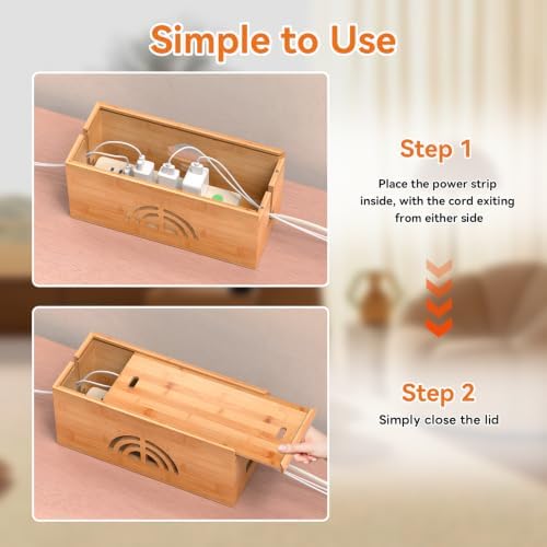 Pezin & Hulin Bamboo Cable Management Box, Power Strip Organizer, Medium