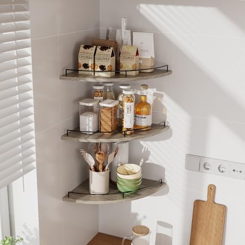 JJL Corner Shelf Wall Mounted, 12 Inches 3-Tier Floating Corner Shelf, Fan-Shaped Rustic Wood Decor with Fence, Gray Woo