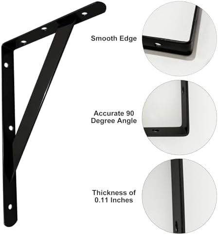Shelf Brackets 12 Inches, 4 6 10 16 20 Inch Heavy Duty Shelf Brackets, Black Powder-Coated Brackets, Wall Shelves Bracke