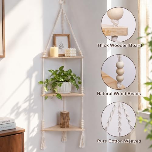 Artilady Macrame Corner Shelf Wall Hanging 3-Tier Adjust Boho Storage Decor