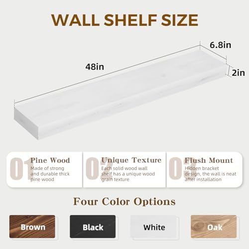 Floating Shelves, 48 Inch Wall Mounted Shelves, Set of 2, White