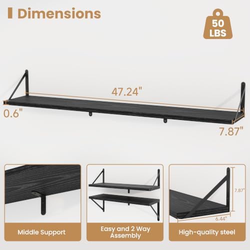 Heimlove Floating Book Shelves for Wall,47.2 Inches Long Wall Mounted Bookshelves,Heavy Duty Bracket Shelves for Living 