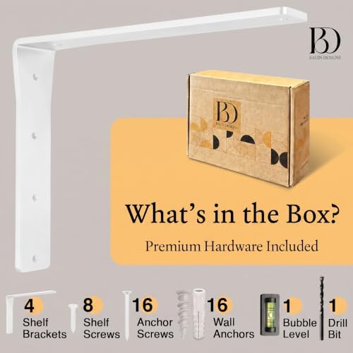 4 Pack Heavy Duty Shelf Brackets 16 Inch by Balin Designs – White Decorative L Bracket for Shelves, Metal Shelf Support 