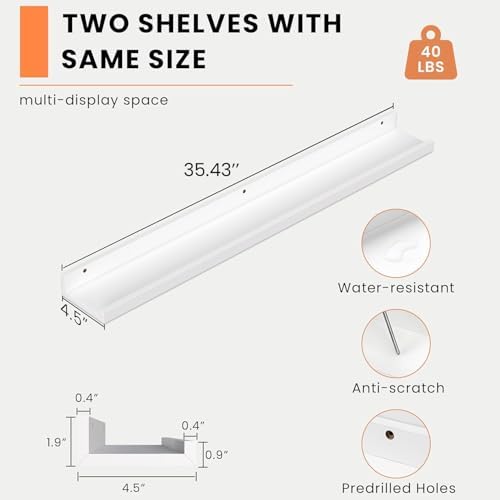 Heimlove Picture Ledge Shelf, Floating Shelves Set of 2, 36 Inches Picture Shelf for Wall with Ledge, Kids Bookshelf Wall Mounted for Living Room Bedroom Decor Books Photo Frames - White