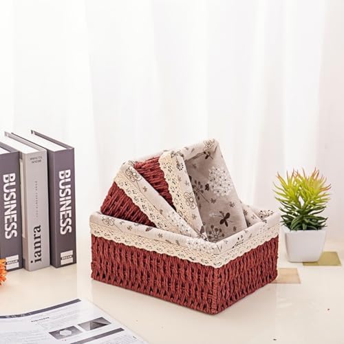Wicker Woven Baskets With Liner, 3Packs Small Square Decorative Shelf Basket For Home Storage And Organizing (vintage re