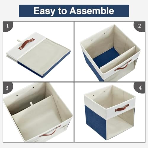 Bagnizer Storage Cubes, 4 Pack Linen Foldable Storage Bins (13 x 13 inch) with Clear Window and Handles, Fabric Organizer for Shelf Closet, Clothes, Books - (Navy Blue and White)