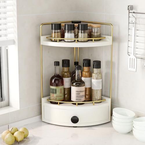 2-Tier Corner Bathroom Counter Organizer with Drawer, White Gold
