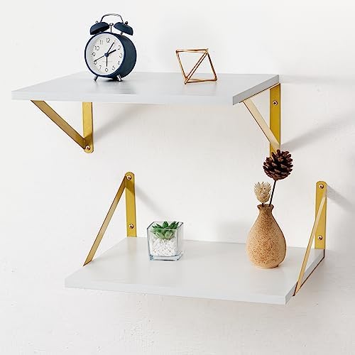 Axeman Deep Floating Shelves for Wall, 12 Inch Deep White and Gold Shelves Set of 2, 16W x 12D White Wood Wall Shelves w