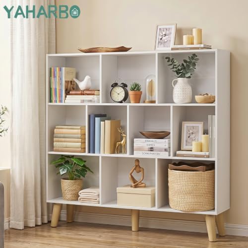 YAHARBO 10 Cube White Bookshelf,3 Tier Book Shelf with Legs,Modern Minimalist Bookcase,Open Book Shelves Storage Organiz