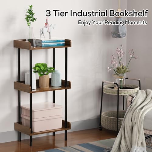 Bookshelf, 3 Tier Bookcase, Industrial Small Book Shelf, Rustic Brown Bookshelf, Metal Display Shelf Storage Organizer f
