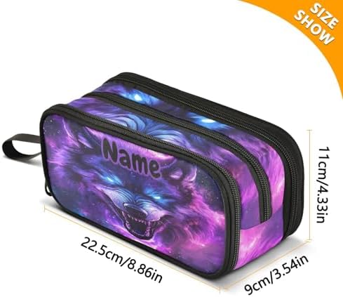 Custom Blue Eyes Wolf Purple Galaxy Pencil Case Box Boys Girls Personalized Name Large Pencil Pouch Stationery Pen Bag Organizer for Kids Adults School Office