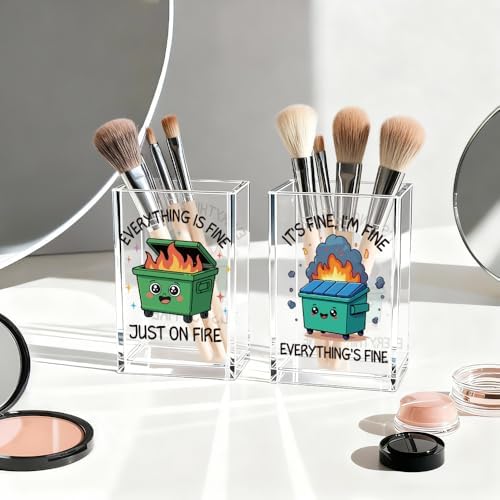 Everything is Fine Just On Fire Acrylic Pencil Pen Holder Cup Set 2, Cute Pencil Holder Desk Organizer, Funny Dumpster Fire Desk Accessories, Sarcastic Office Gifts for Women Coworkers Teachers