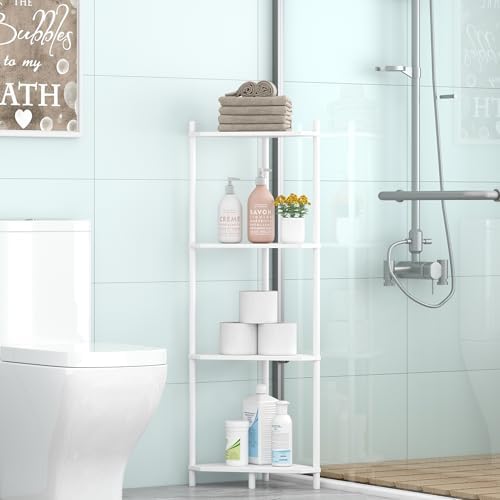 Wisuce White Small Corner Shelf Stand, 4-Tier Bamboo Corner Bookshelf