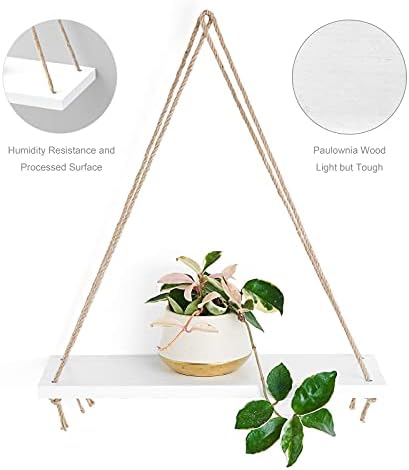 Mkono Wood Hanging Shelves for Wall Boho Decor Swing Rope Rustic Floating Shelf, Set of 3 Wall Display Shelving Home Org