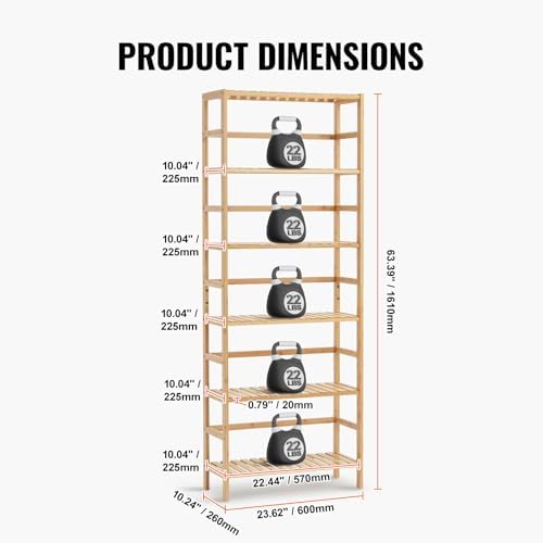 VEVOR 6-Tier Bamboo Shelf, Open Wood Bookshelf, Display Storage Rack Organizer, Freestanding Flower Plant Stand, Multifu