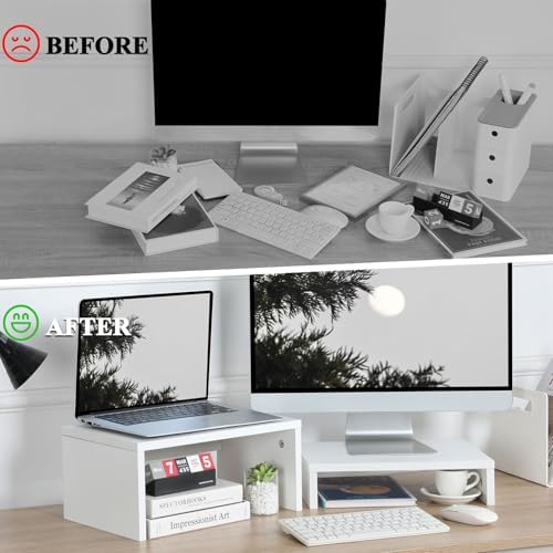 TEAMIX 2-Pack White Monitor & Laptop Stand Riser, High-Low Dual Monitor Set