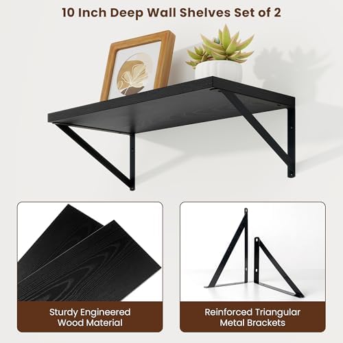 Axeman 20 Inch Floating Shelves, 10 Inch Deep Black Wall Shelves Set of 2
