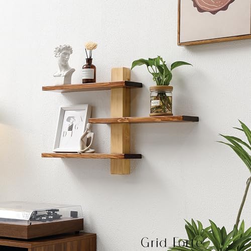 GRID FORTE Wood 3-Tier Floating Shelf, Large Minimalist Wall Shelves