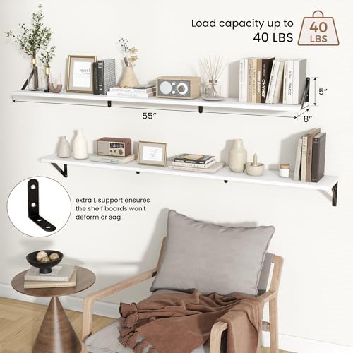 Axeman 55 Inch Floating Shelves, 8 Inch Deep White Wall Shelves Set of 2