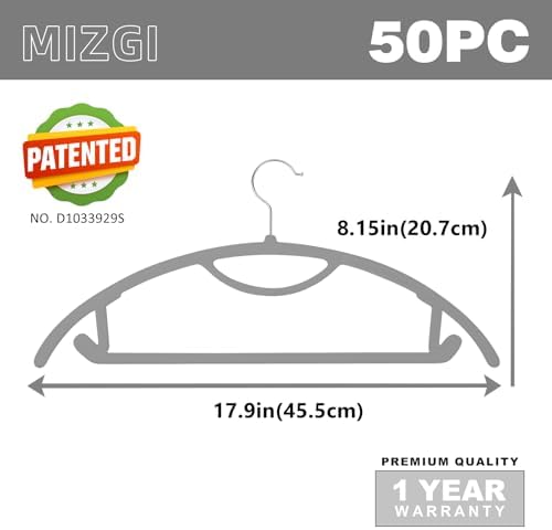 MIZGI Premium Velvet Hangers 50-Pack,No Shoulder Bump Hangers W/Tie Bar Ultra Thin Space Saving Non Slip Hanger Heavy Duty Felt Rounded Clothes Hanger for Sweaters,Coat,Jackets,Pants,Shirts