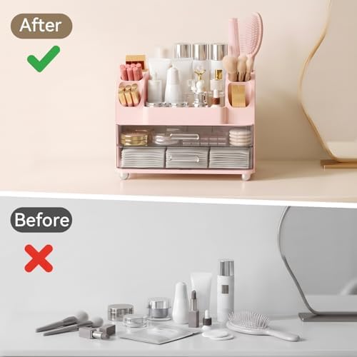 Makeup Organizer for Vanity with 2 Large Drawers and 6 Brush Holders, Pink