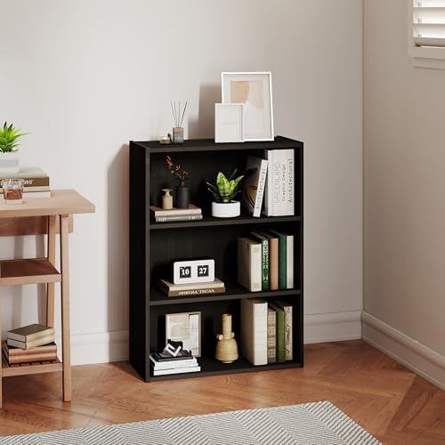 Wooden 3 Shelf Bookcase, 9.7" D*23.7" W*31.5" H Wooden Black Book Shelf with Three Storage Space, 3 Tier Small Bookshelf
