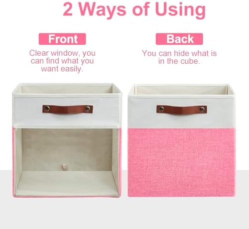 Bagnizer Storage Cubes, 4 Pack Linen Foldable Storage Bins (13 x 13 inch) with Clear Window and Handles, Fabric Organizer for Shelf Closet, Clothes, Books - (Pink and White)