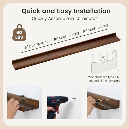 FLYJOE Picture Ledge Wall Shelves - Set of 3, 56 inches Width, Solid Pine Wood Rustic Floating Ledge Shelves for Kids' Room, Bedroom, Kitchen, Bathroom, Walnut