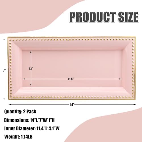 2 Pack Pink Bathroom Vanity Tray for Countertop with Beads, Small Plastic Toilet Tank Versatile Storage Organization Tra
