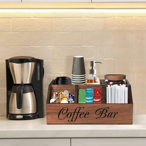 ugiftt Coffee Station Organizer for Counter, Wood Coffee Pods Holder Storage Basket, Tea Condiment Storage Organizer, Ru