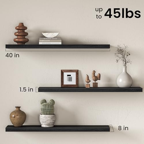 40" Floating Shelves for Wall, Set of 2, 8" Deep, 1.5" Thick, Black