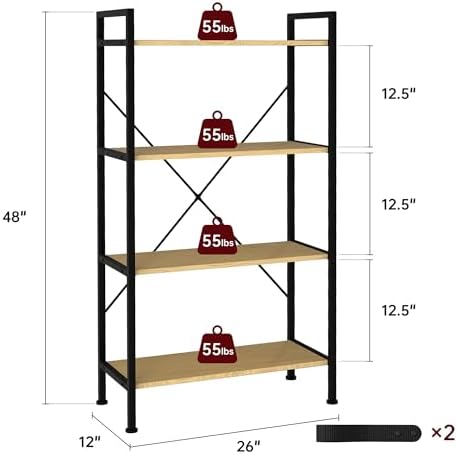 4 Tier Industrial Bookshelf, Storage Organizer,Natural Oak