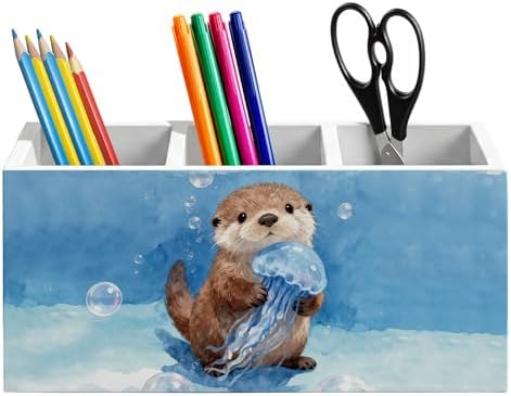 Coastal Beach Sea Otter Pen Holder for Home Kids Room Desk, Otter Lover Gifts, Coastal Ocean Wildlife Nursery Wooden Box Sign Pencil Holder for Desk Shelf Organizer