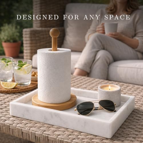 Bey-Berk Atticus White Marble Shallow Towel Tray, 1.125 in Interior Depth, Decorative Vanity or Guest Towel Holder