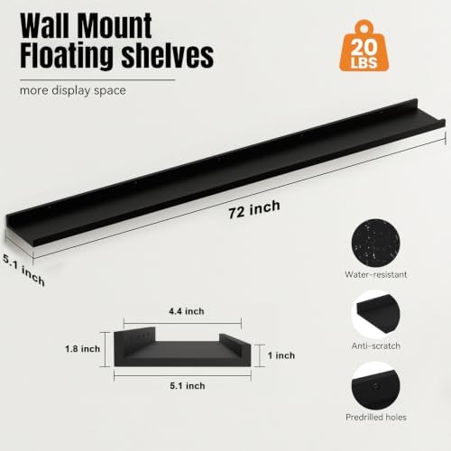 72inch Long Floating Shelves for Wall Decor, 3-Set Shelves with Lip, Black