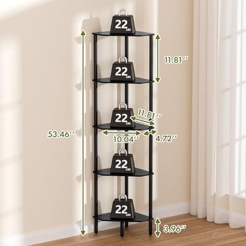 5 Tier Black Corner Shelf, 54" Tall Corner Shelves, Bamboo Corner Bookshelf, Industrial Display Shelf, Shower Storage Or