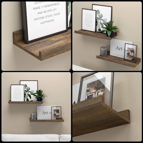 Boswillon Floating Shelves Set of 2, Small Wall Shelf with Lip, 16in, Brown