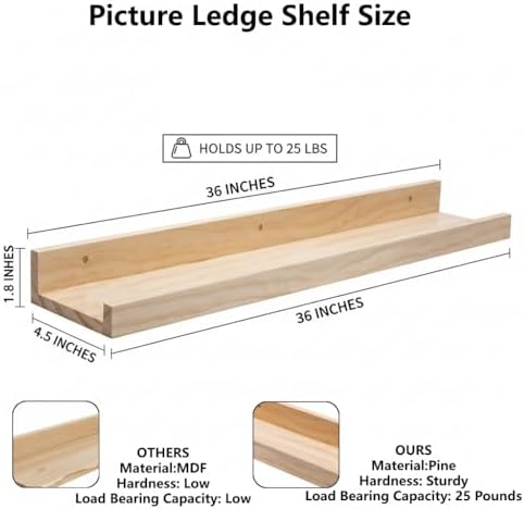 AZSKY 2pc 36in Natural Wood Floating Shelves, Country Rustic Style Wall Shelves for Kids Books, Photo Picture Ledge, Nur