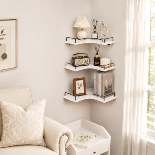 Homode 3 Tier Corner Shelf Wall Mounted, Corner Hanging Shelves, White